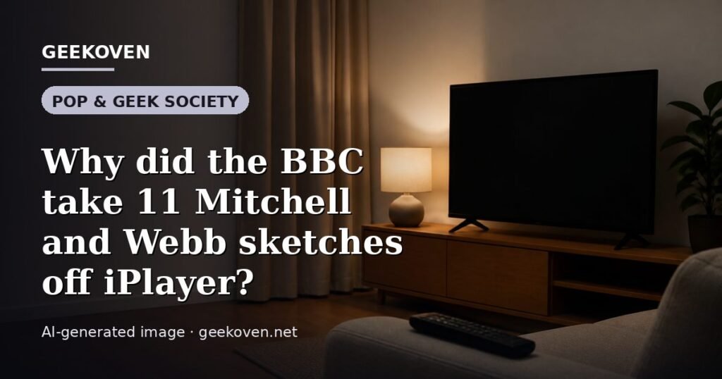 Illustration for the Pop & Geek Society article “Why did the BBC take 11 Mitchell and Webb sketches off iPlayer?”: an AI-generated editorial illustration showing a stadium crowd seen from high above, lights arranged in coordinated patterns, with the headline set over it. Illustrative only, not a photograph of a real event.
