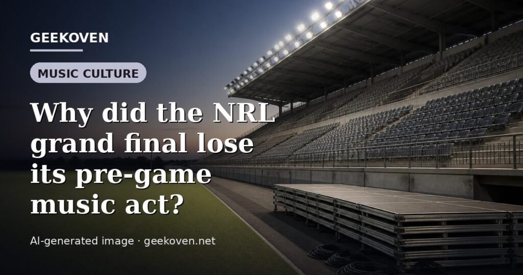 Illustration for the Music Culture article “Why did the NRL grand final lose its pre-game music act?”: an AI-generated editorial illustration showing a scene illustrating the subject of the article, with the headline set over it. Illustrative only, not a photograph of a real event.