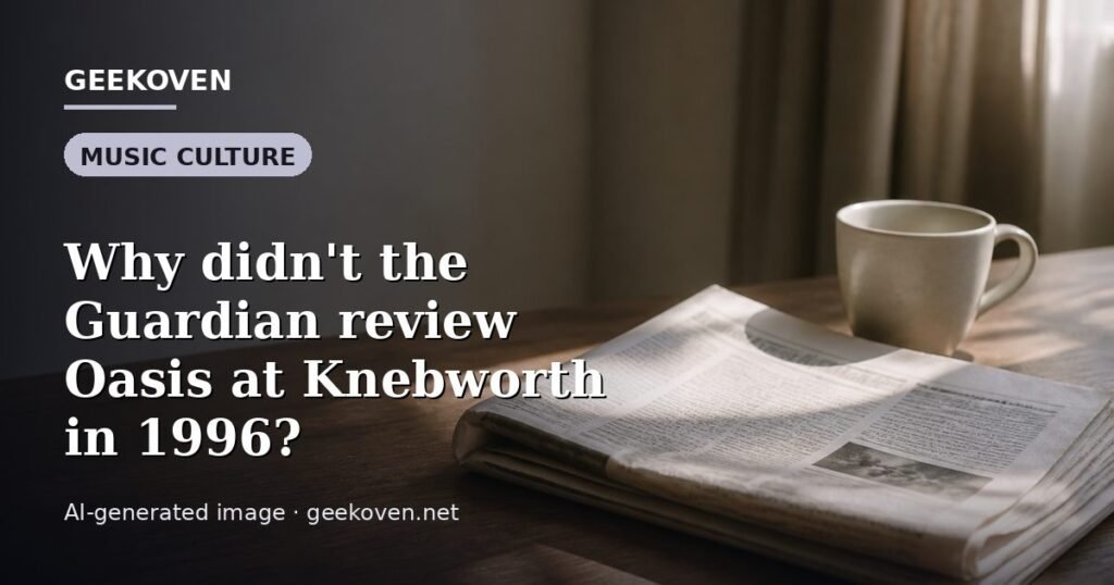 Illustration for the Music Culture article “Why didn't the Guardian review Oasis at Knebworth in 1996?”: an AI-generated editorial illustration showing a scene illustrating the subject of the article, with the headline set over it. Illustrative only, not a photograph of a real event.