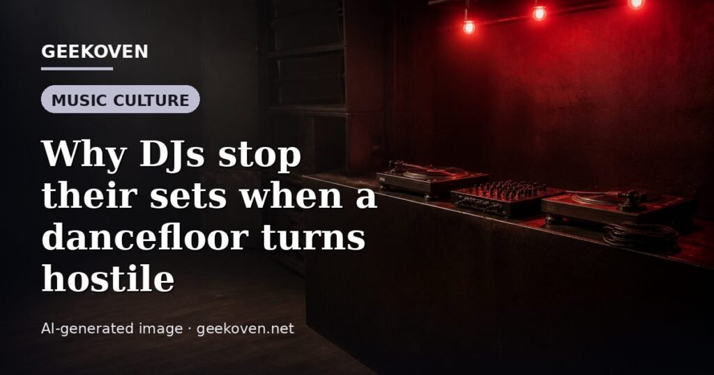 Illustration for the Music Culture article “Why DJs stop their sets when a dancefloor turns hostile”: an AI-generated editorial illustration showing a scene illustrating the subject of the article, with the headline set over it. Illustrative only, not a photograph of a real event.