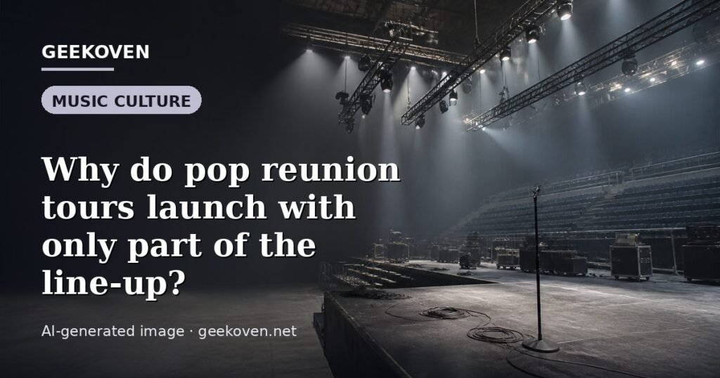 Illustration for the Music Culture article “Why do pop reunion tours launch with only part of the line-up?”: an AI-generated editorial illustration showing a scene illustrating the subject of the article, with the headline set over it. Illustrative only, not a photograph of a real event.