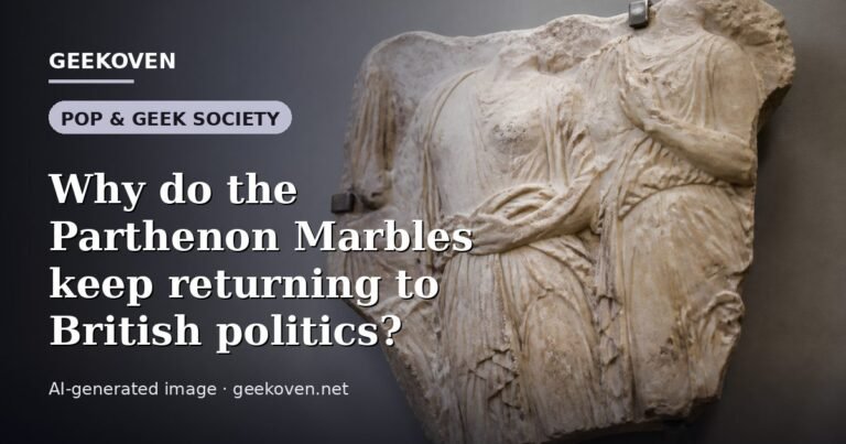 Illustration for the Pop & Geek Society article “Why do the Parthenon Marbles keep returning to British politics?”: an AI-generated editorial illustration showing a scene illustrating the subject of the article, with the headline set over it. Illustrative only, not a photograph of a real event.