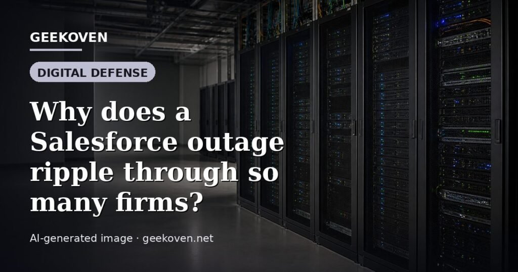 Illustration for the Digital Defense article “Why does a Salesforce outage ripple through so many firms?”: an AI-generated editorial illustration showing a scene illustrating the subject of the article, with the headline set over it. Illustrative only, not a photograph of a real event.