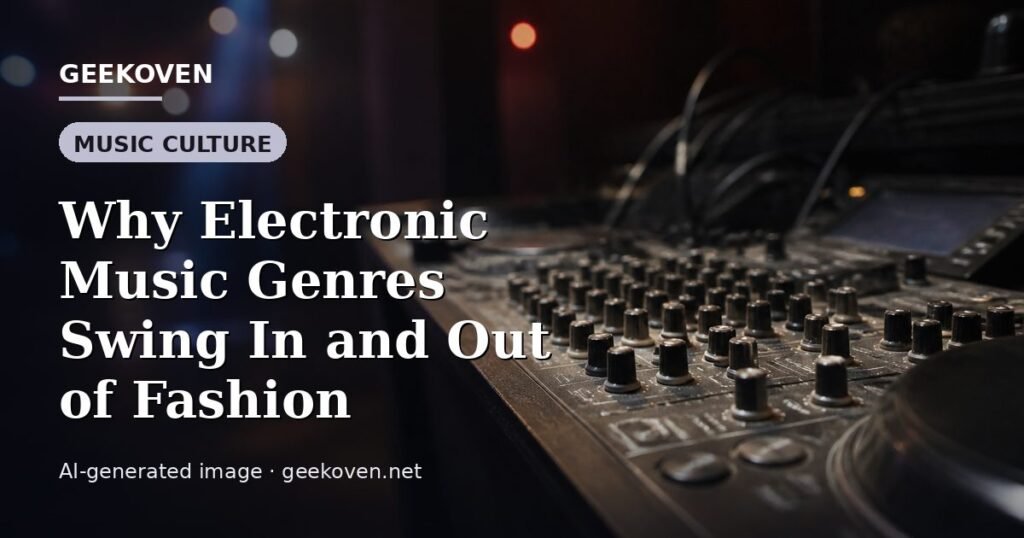 Illustration for the Music Culture article “Why Electronic Music Genres Swing In and Out of Fashion”: an AI-generated editorial illustration showing a stadium crowd seen from high above, lights arranged in coordinated patterns, with the headline set over it. Illustrative only, not a photograph of a real event.