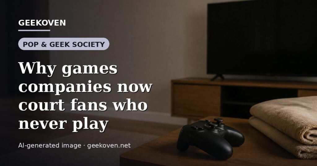 Illustration for the Pop & Geek Society article “Why games companies now court fans who never play”: an AI-generated editorial illustration showing a studio workspace seen from above, with a production timeline across the wall, with the headline set over it. Illustrative only, not a photograph of a real event.