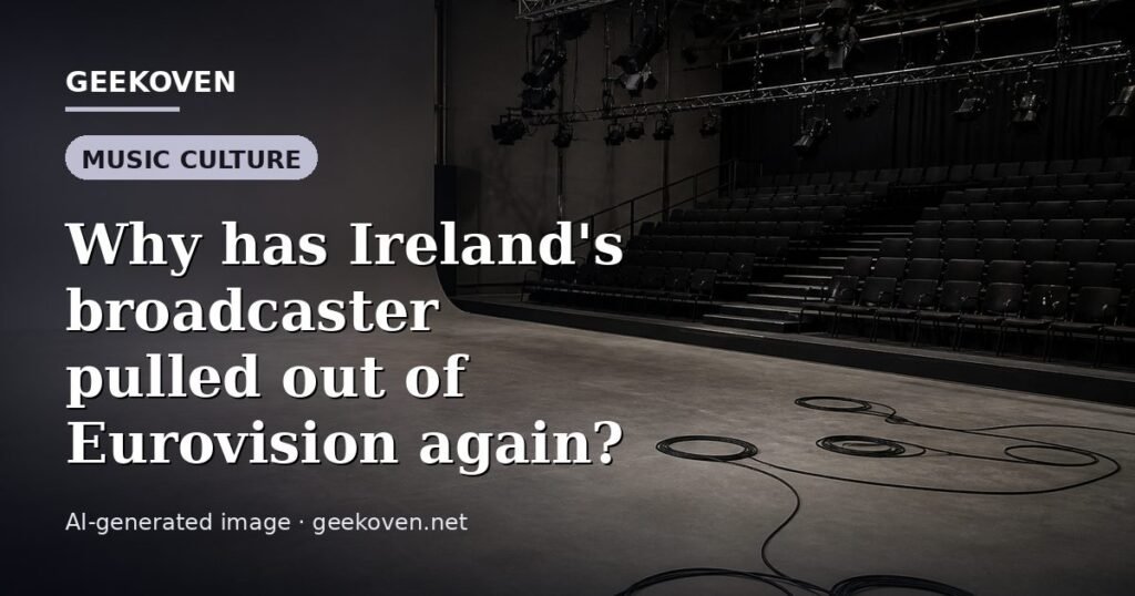 Illustration for the Music Culture article “Why has Ireland's broadcaster pulled out of Eurovision again?”: an AI-generated editorial illustration showing a scene illustrating the subject of the article, with the headline set over it. Illustrative only, not a photograph of a real event.
