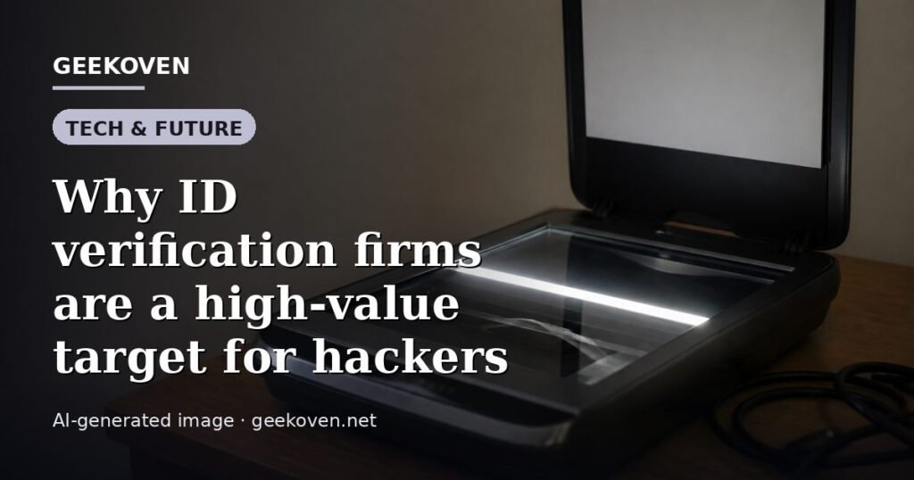 Illustration for the Tech & Future article “Why ID verification firms are a high-value target for hackers”: an AI-generated editorial illustration showing a scene illustrating the subject of the article, with the headline set over it. Illustrative only, not a photograph of a real event.