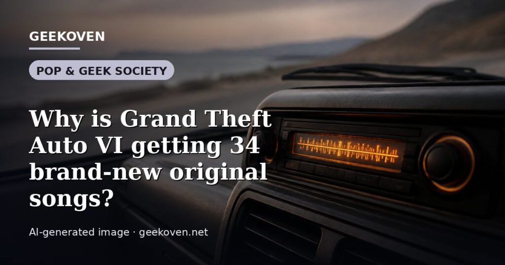 Illustration for the Pop & Geek Society article “Why is Grand Theft Auto VI getting 34 brand-new original songs?”: an AI-generated editorial illustration showing a scene illustrating the subject of the article, with the headline set over it. Illustrative only, not a photograph of a real event.