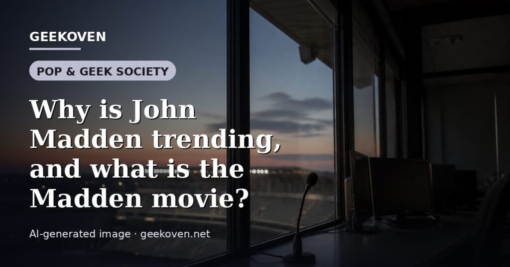 Illustration for the Pop & Geek Society article “Why is John Madden trending, and what is the Madden movie?”: an AI-generated editorial illustration showing a studio workspace seen from above, with a production timeline across the wall, with the headline set over it. Illustrative only, not a photograph of a real event.