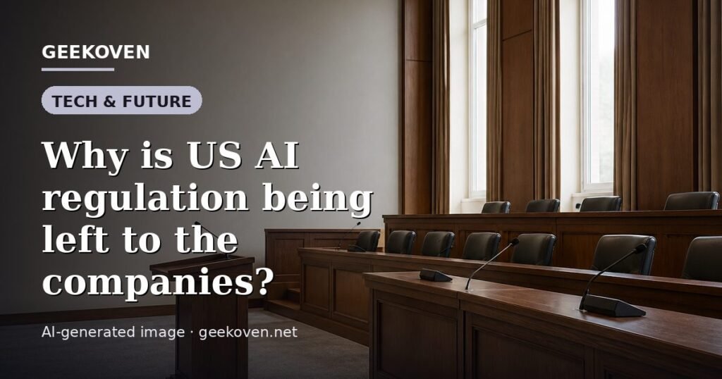 Illustration for the Tech & Future article “Why is US AI regulation being left to the companies?”: an AI-generated editorial illustration showing a scene illustrating the subject of the article, with the headline set over it. Illustrative only, not a photograph of a real event.
