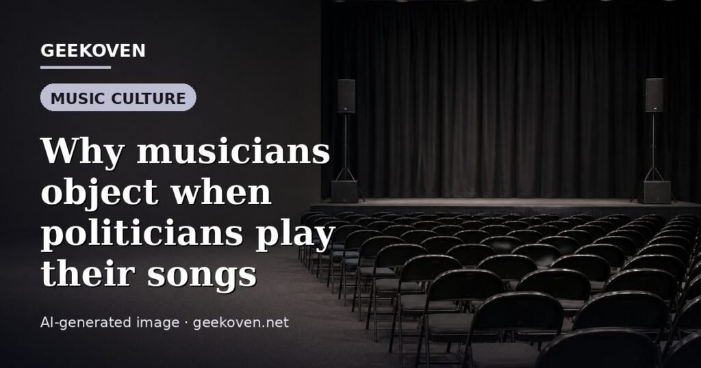 Illustration for the Music Culture article “Why musicians object when politicians play their songs”: an AI-generated editorial illustration showing a scene illustrating the subject of the article, with the headline set over it. Illustrative only, not a photograph of a real event.