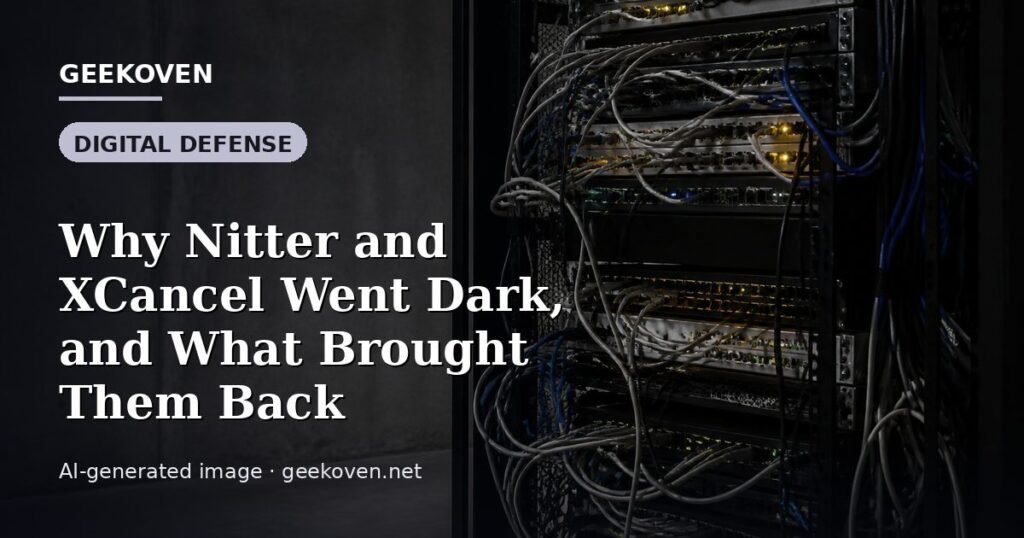 Illustration for the Digital Defense article “Why Nitter and XCancel Went Dark, and What Brought Them Back”: an AI-generated editorial illustration showing a scene illustrating the subject of the article, with the headline set over it. Illustrative only, not a photograph of a real event.