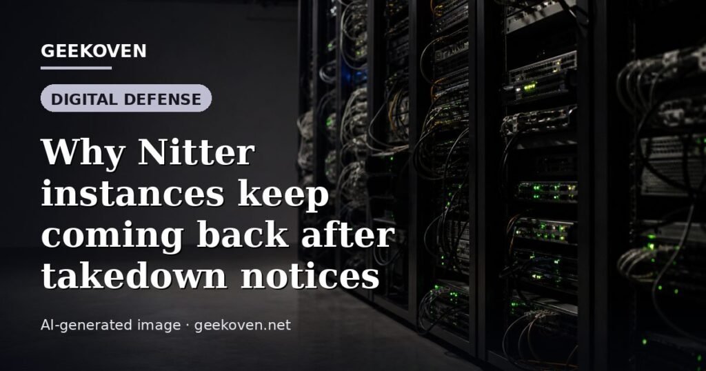 Illustration for the Digital Defense article “Why Nitter instances keep coming back after takedown notices”: an AI-generated editorial illustration showing a scene illustrating the subject of the article, with the headline set over it. Illustrative only, not a photograph of a real event.