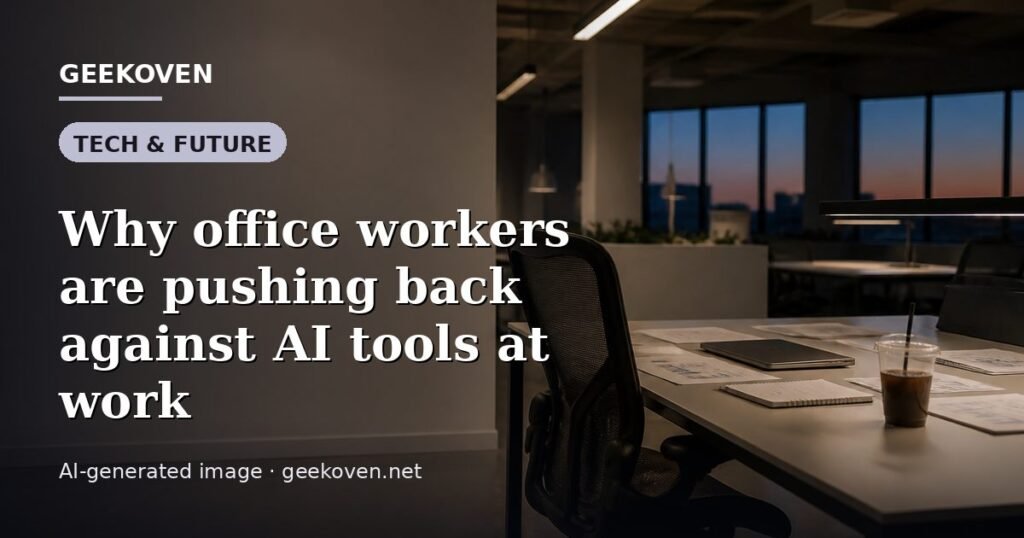Illustration for the Tech & Future article “Why office workers are pushing back against AI tools at work”: an AI-generated editorial illustration showing a scene illustrating the subject of the article, with the headline set over it. Illustrative only, not a photograph of a real event.