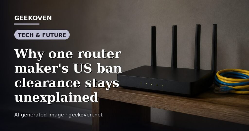 Illustration for the Tech & Future article “Why one router maker's US ban clearance stays unexplained”: an AI-generated editorial illustration showing a scene illustrating the subject of the article, with the headline set over it. Illustrative only, not a photograph of a real event.
