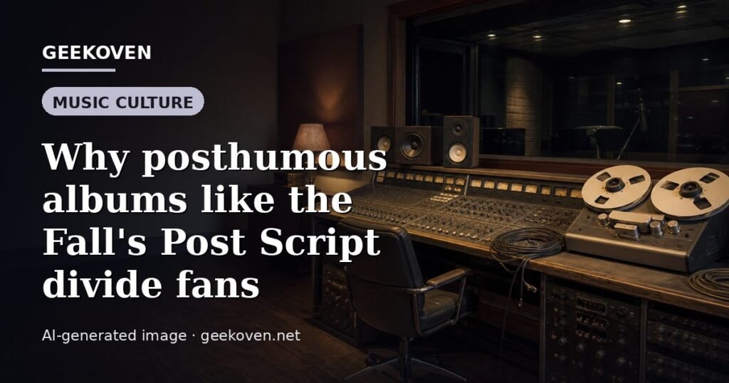 Illustration for the Music Culture article “Why posthumous albums like the Fall's Post Script divide fans”: an AI-generated editorial illustration showing a scene illustrating the subject of the article, with the headline set over it. Illustrative only, not a photograph of a real event.