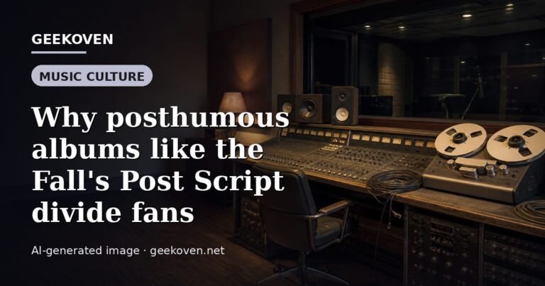 Illustration for the Music Culture article “Why posthumous albums like the Fall's Post Script divide fans”: an AI-generated editorial illustration showing a scene illustrating the subject of the article, with the headline set over it. Illustrative only, not a photograph of a real event.