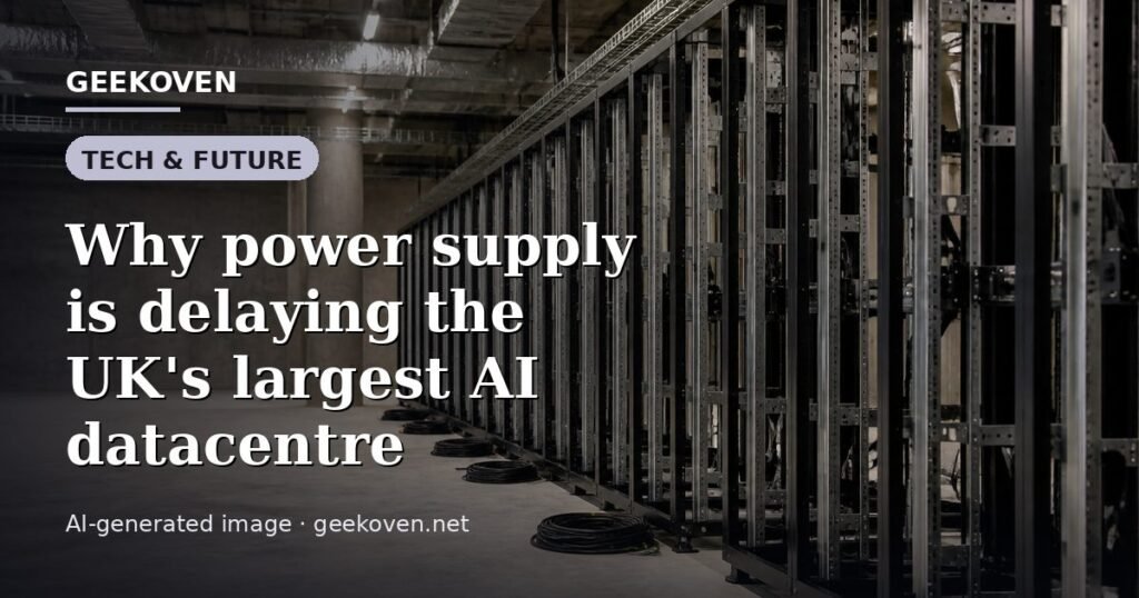 Illustration for the Tech & Future article “Why power supply is delaying the UK's largest AI datacentre”: an AI-generated editorial illustration showing a scene illustrating the subject of the article, with the headline set over it. Illustrative only, not a photograph of a real event.