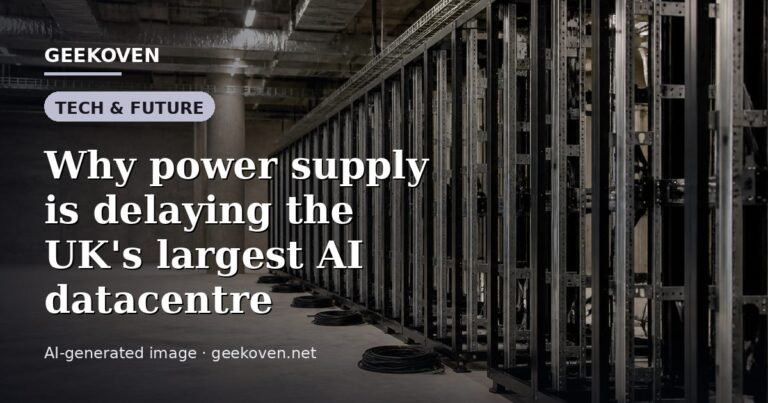 Illustration for the Tech & Future article “Why power supply is delaying the UK's largest AI datacentre”: an AI-generated editorial illustration showing a scene illustrating the subject of the article, with the headline set over it. Illustrative only, not a photograph of a real event.