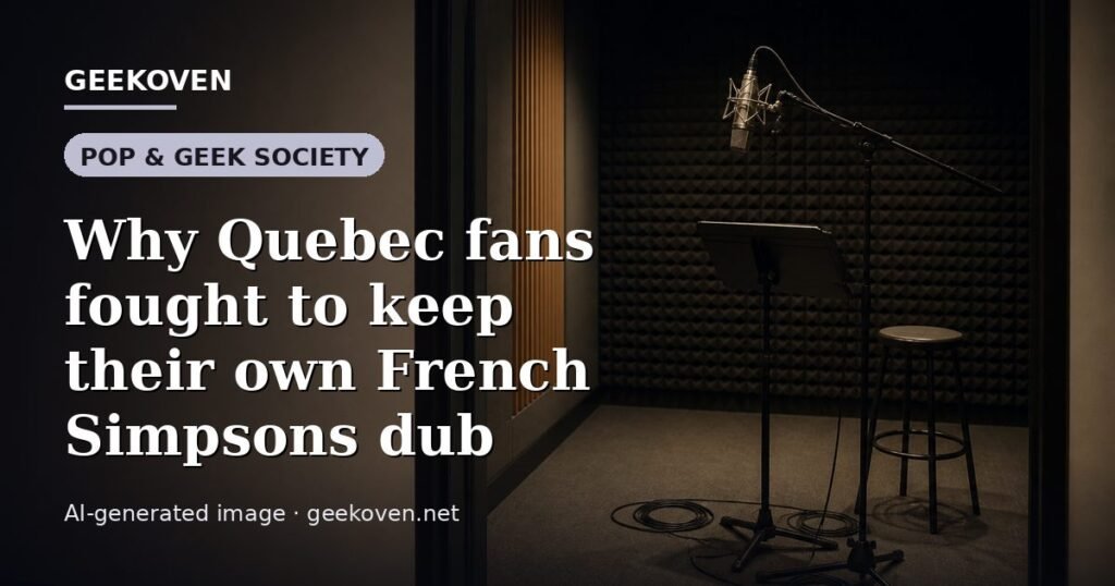 Illustration for the Pop & Geek Society article “Why Quebec fans fought to keep their own French Simpsons dub”: an AI-generated editorial illustration showing a stadium crowd seen from high above, lights arranged in coordinated patterns, with the headline set over it. Illustrative only, not a photograph of a real event.