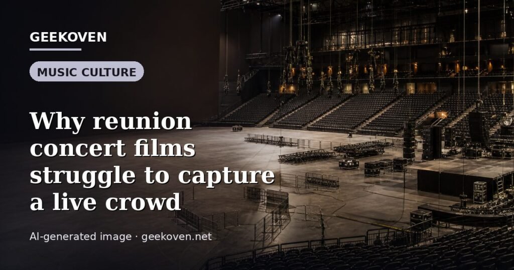 Illustration for the Music Culture article “Why reunion concert films struggle to capture a live crowd”: an AI-generated editorial illustration showing a scene illustrating the subject of the article, with the headline set over it. Illustrative only, not a photograph of a real event.