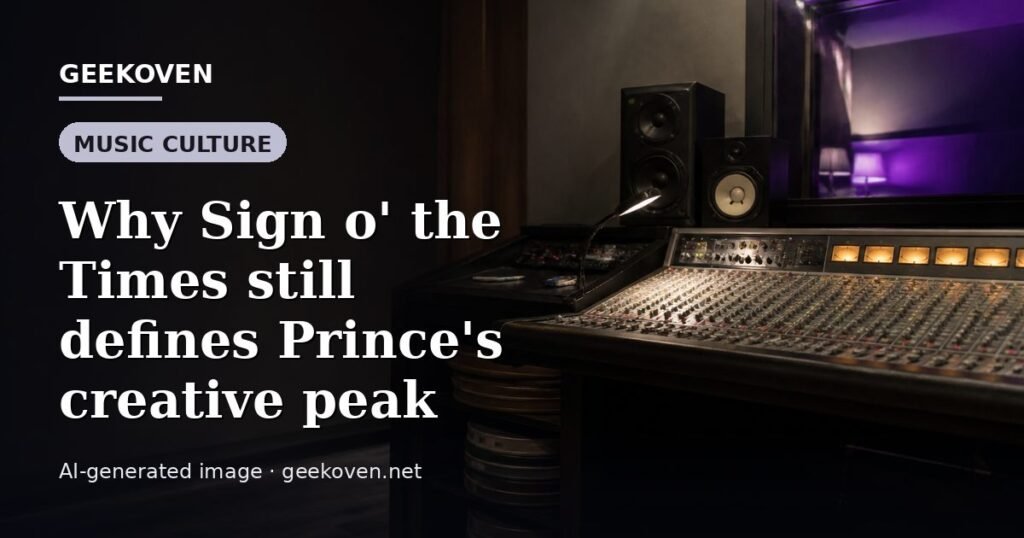 Illustration for the Music Culture article “Why Sign o' the Times still defines Prince's creative peak”: an AI-generated editorial illustration showing a scene illustrating the subject of the article, with the headline set over it. Illustrative only, not a photograph of a real event.