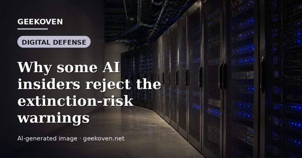Illustration for the Digital Defense article “Why some AI insiders reject the extinction-risk warnings”: an AI-generated editorial illustration showing a scene illustrating the subject of the article, with the headline set over it. Illustrative only, not a photograph of a real event.