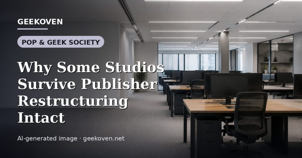 Illustration for the Pop & Geek Society article “Why Some Studios Survive Publisher Restructuring Intact”: an AI-generated editorial illustration showing a studio workspace seen from above, with a production timeline across the wall, with the headline set over it. Illustrative only, not a photograph of a real event.