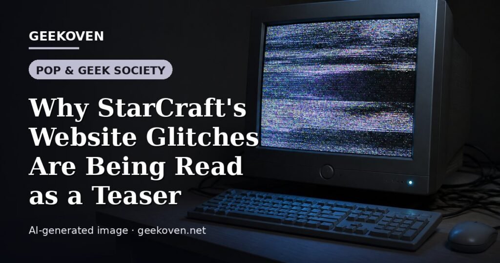 Illustration for the Pop & Geek Society article “Why StarCraft's Website Glitches Are Being Read as a Teaser”: an AI-generated editorial illustration showing a stadium crowd seen from high above, lights arranged in coordinated patterns, with the headline set over it. Illustrative only, not a photograph of a real event.