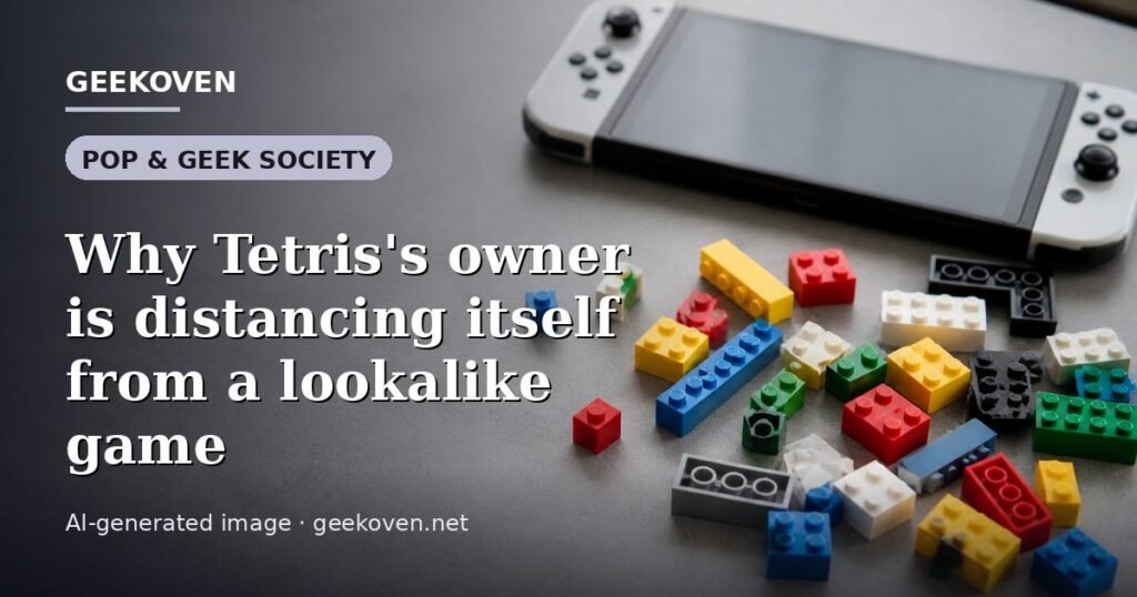 Illustration for the Pop & Geek Society article “Why Tetris's owner is distancing itself from a lookalike game”: an AI-generated editorial illustration showing a scene illustrating the subject of the article, with the headline set over it. Illustrative only, not a photograph of a real event.