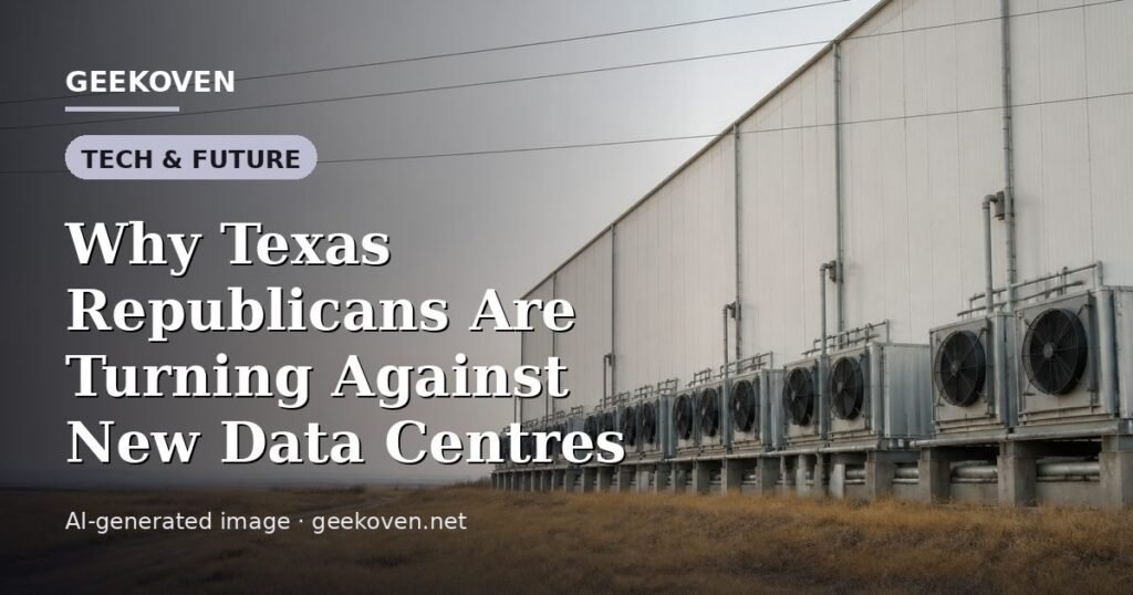 Illustration for the Tech & Future article “Why Texas Republicans Are Turning Against New Data Centres”: an AI-generated editorial illustration showing a server hall with long rows of equipment cabinets and power infrastructure, with the headline set over it. Illustrative only, not a photograph of a real event.