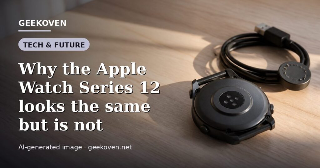 Illustration for the Tech & Future article “Why the Apple Watch Series 12 looks the same but is not”: an AI-generated editorial illustration showing a scene illustrating the subject of the article, with the headline set over it. Illustrative only, not a photograph of a real event.