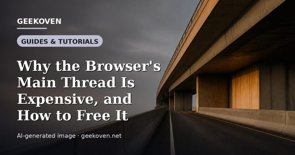 Illustration for the Guides & Tutorials article “Why the Browser's Main Thread Is Expensive, and How to Free It”: an AI-generated editorial illustration showing a scene illustrating the subject of the article, with the headline set over it. Illustrative only, not a photograph of a real event.