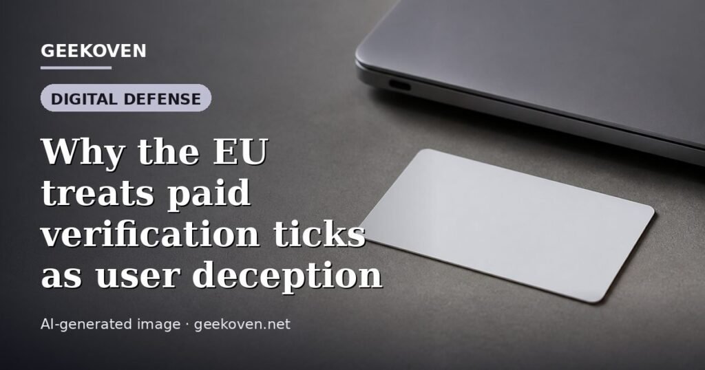 Illustration for the Digital Defense article “Why the EU treats paid verification ticks as user deception”: an AI-generated editorial illustration showing a scene illustrating the subject of the article, with the headline set over it. Illustrative only, not a photograph of a real event.