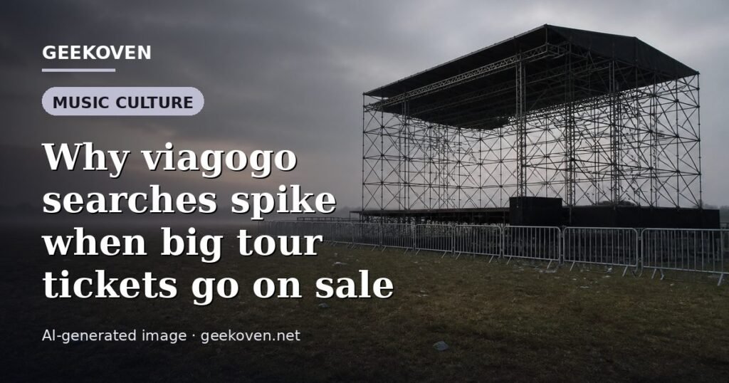 Illustration for the Music Culture article “Why viagogo searches spike when big tour tickets go on sale”: an AI-generated editorial illustration showing a scene illustrating the subject of the article, with the headline set over it. Illustrative only, not a photograph of a real event.