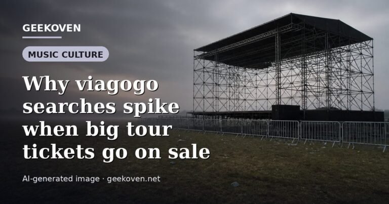 Illustration for the Music Culture article “Why viagogo searches spike when big tour tickets go on sale”: an AI-generated editorial illustration showing a scene illustrating the subject of the article, with the headline set over it. Illustrative only, not a photograph of a real event.