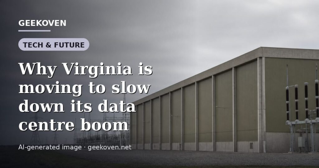 Illustration for the Tech & Future article “Why Virginia is moving to slow down its data centre boom”: an AI-generated editorial illustration showing a server hall with long rows of equipment cabinets and power infrastructure, with the headline set over it. Illustrative only, not a photograph of a real event.