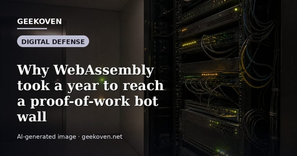 Illustration for the Digital Defense article “Why WebAssembly took a year to reach a proof-of-work bot wall”: an AI-generated editorial illustration showing a scene illustrating the subject of the article, with the headline set over it. Illustrative only, not a photograph of a real event.