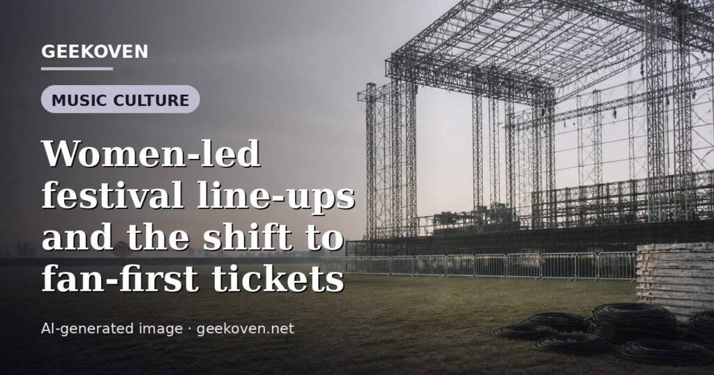 Illustration for the Music Culture article “Women-led festival line-ups and the shift to fan-first tickets”: an AI-generated editorial illustration showing a scene illustrating the subject of the article, with the headline set over it. Illustrative only, not a photograph of a real event.