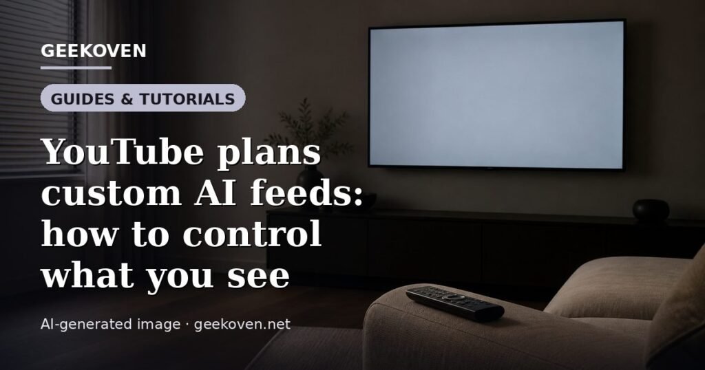 Illustration for the Guides & Tutorials article “YouTube plans custom AI feeds: how to control what you see”: an AI-generated editorial illustration showing a stadium crowd seen from high above, lights arranged in coordinated patterns, with the headline set over it. Illustrative only, not a photograph of a real event.