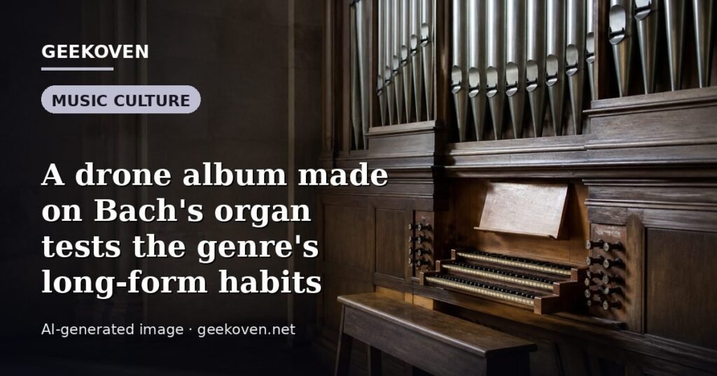 Illustration for the Music Culture article “A drone album made on Bach's organ tests the genre's long-form habits”: an AI-generated editorial illustration showing a scene illustrating the subject of the article, with the headline set over it. Illustrative only, not a photograph of a real event.
