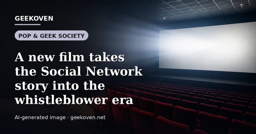 Illustration for the Pop & Geek Society article “A new film takes the Social Network story into the whistleblower era”: an AI-generated editorial illustration showing a scene illustrating the subject of the article, with the headline set over it. Illustrative only, not a photograph of a real event.