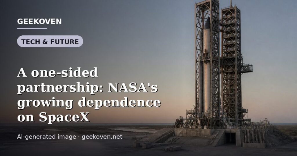 Illustration for the Tech & Future article “A one-sided partnership: NASA's growing dependence on SpaceX”: an AI-generated editorial illustration showing a scene illustrating the subject of the article, with the headline set over it. Illustrative only, not a photograph of a real event.