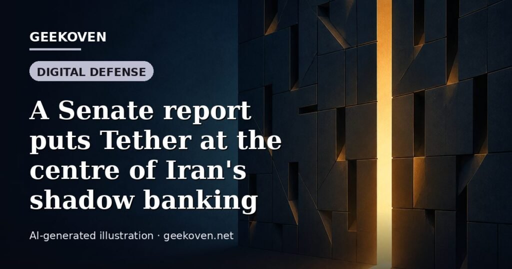 Illustration for the Digital Defense article “A Senate report puts Tether at the centre of Iran's shadow banking”: an AI-generated editorial illustration showing a scene illustrating the subject of the article, with the headline set over it. Illustrative only, not a photograph of a real event.