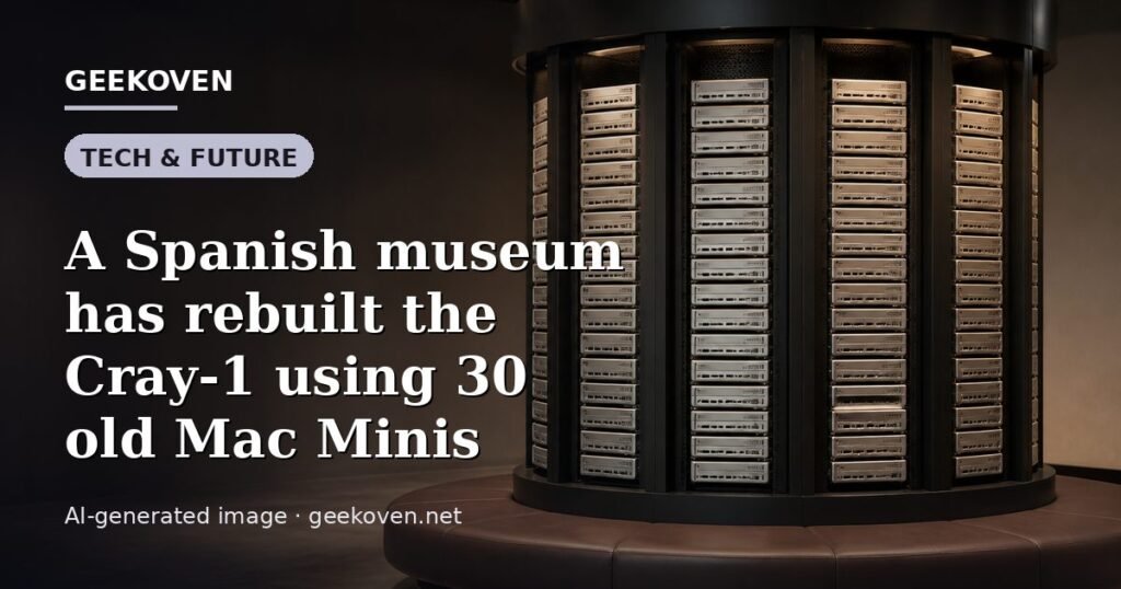 Illustration for the Tech & Future article “A Spanish museum has rebuilt the Cray-1 using 30 old Mac Minis”: an AI-generated editorial illustration showing a scene illustrating the subject of the article, with the headline set over it. Illustrative only, not a photograph of a real event.