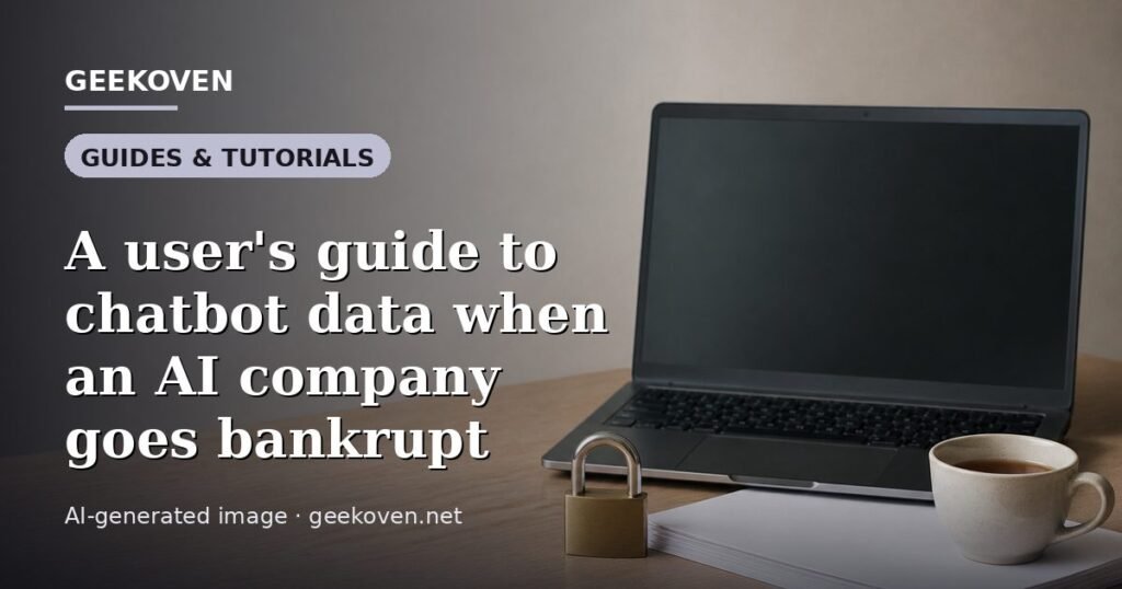 Illustration for the Guides & Tutorials article “A user's guide to chatbot data when an AI company goes bankrupt”: an AI-generated editorial illustration showing a scene illustrating the subject of the article, with the headline set over it. Illustrative only, not a photograph of a real event.