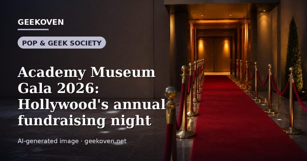 Illustration for the Pop & Geek Society article “Academy Museum Gala 2026: Hollywood's annual fundraising night”: an AI-generated editorial illustration showing a scene illustrating the subject of the article, with the headline set over it. Illustrative only, not a photograph of a real event.