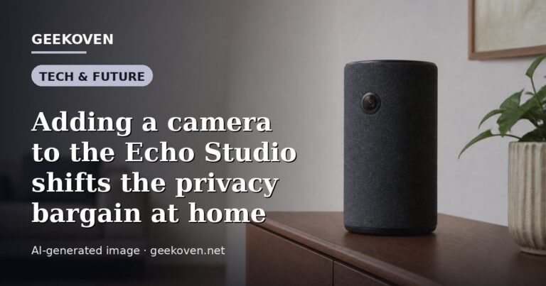 Illustration for the Tech & Future article “Adding a camera to the Echo Studio shifts the privacy bargain at home”: an AI-generated editorial illustration showing a scene illustrating the subject of the article, with the headline set over it. Illustrative only, not a photograph of a real event.