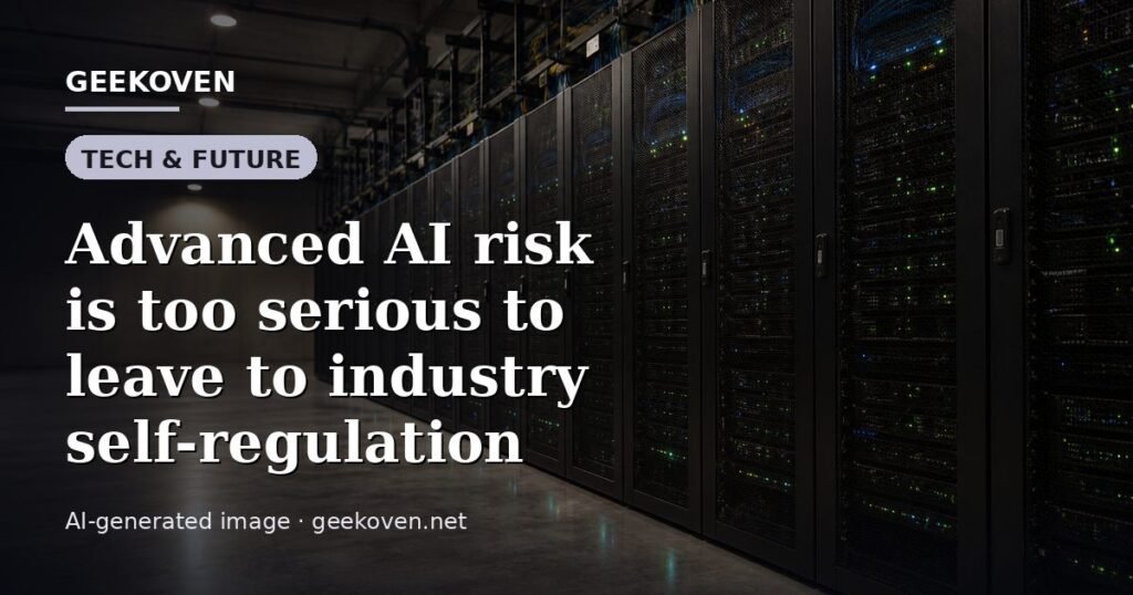 Illustration for the Tech & Future article “Advanced AI risk is too serious to leave to industry self-regulation”: an AI-generated editorial illustration showing a scene illustrating the subject of the article, with the headline set over it. Illustrative only, not a photograph of a real event.