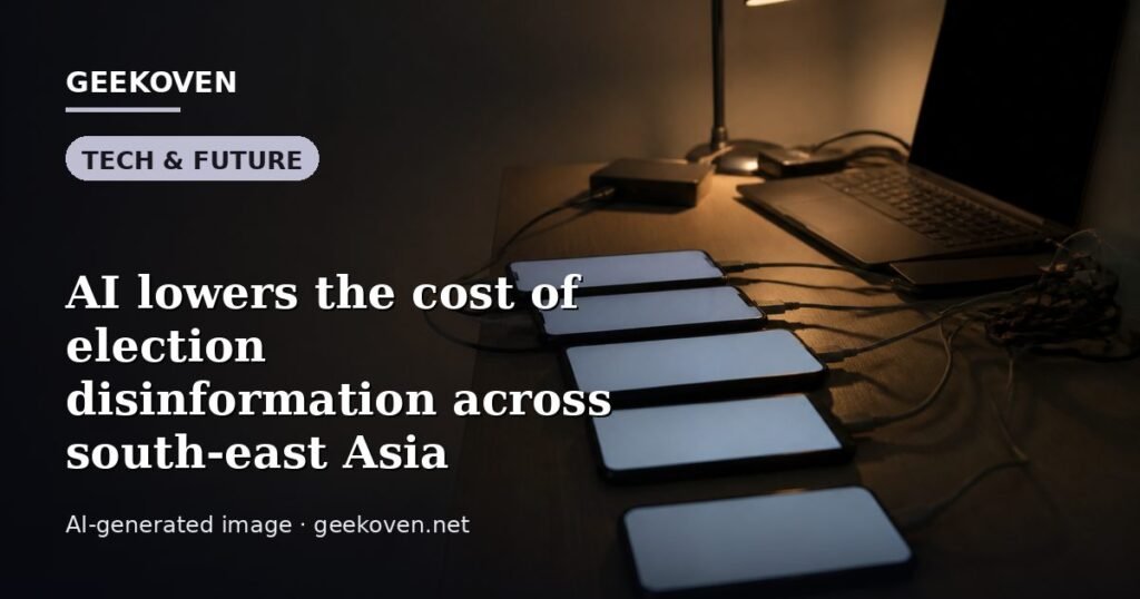 Illustration for the Tech & Future article “AI lowers the cost of election disinformation across south-east Asia”: an AI-generated editorial illustration showing a scene illustrating the subject of the article, with the headline set over it. Illustrative only, not a photograph of a real event.